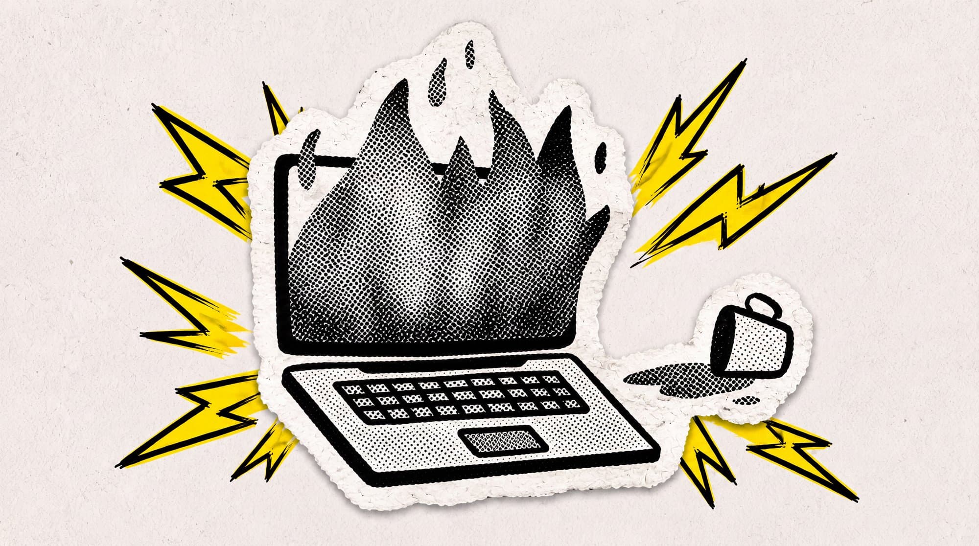 Illustration of a laptop on fire, with lightning bolts and a spilled coffee cup