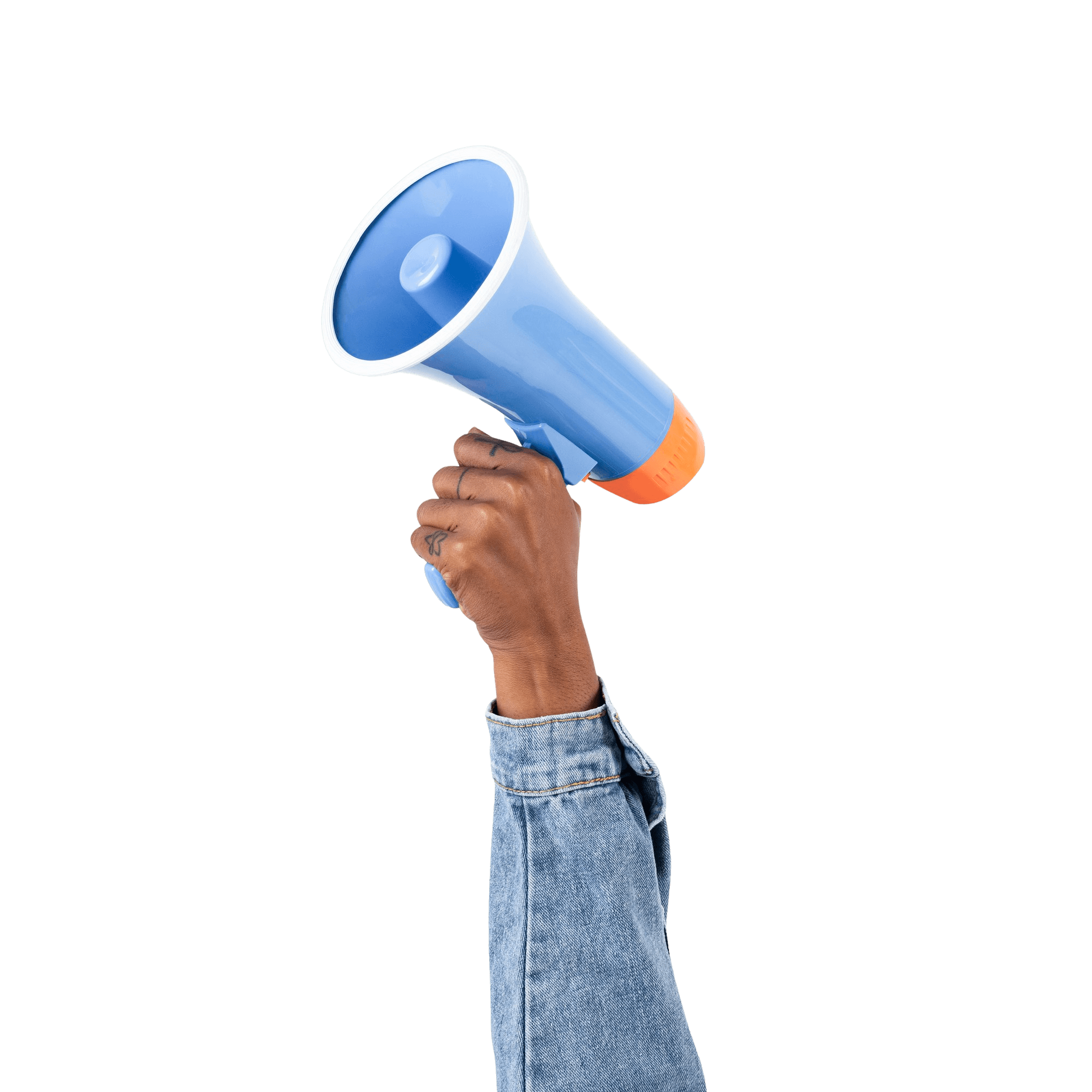 A raised hand holding a blue megaphone